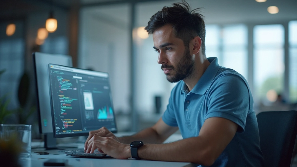 Специалист по автоматизации настраивает и тестирует программного робота на компьютере