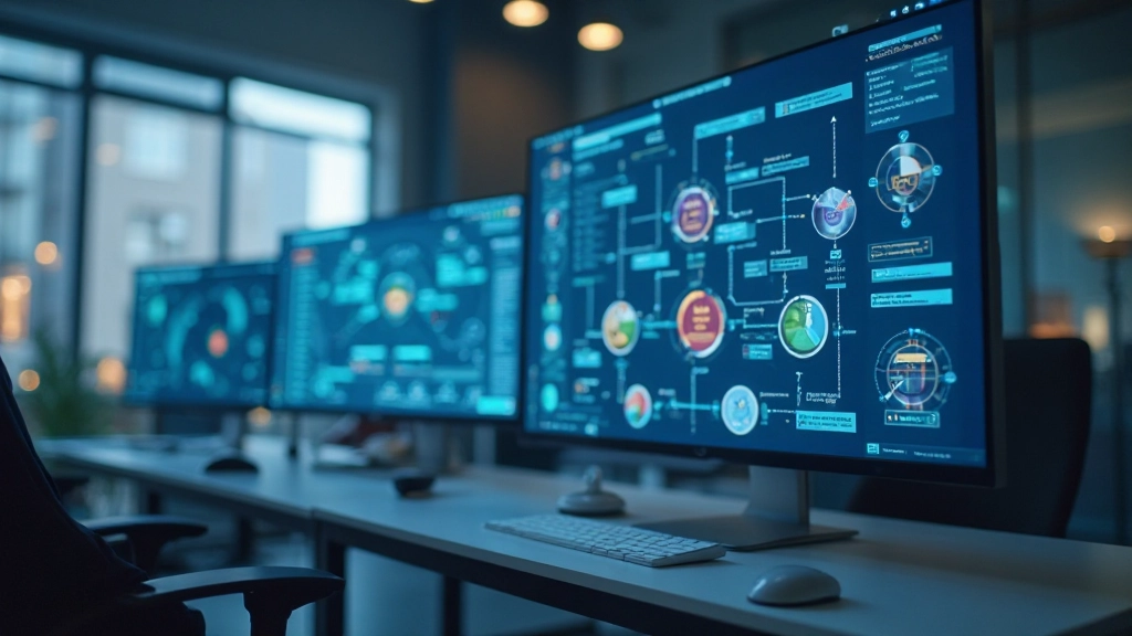 Современная рабочая среда с цифровыми интерфейсами и графиками автоматизации процессов
